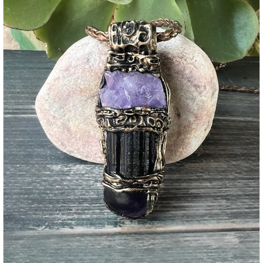 Black Tourmaline & Amethyst Empath Amulet Necklace, Energy Protection Jewelry