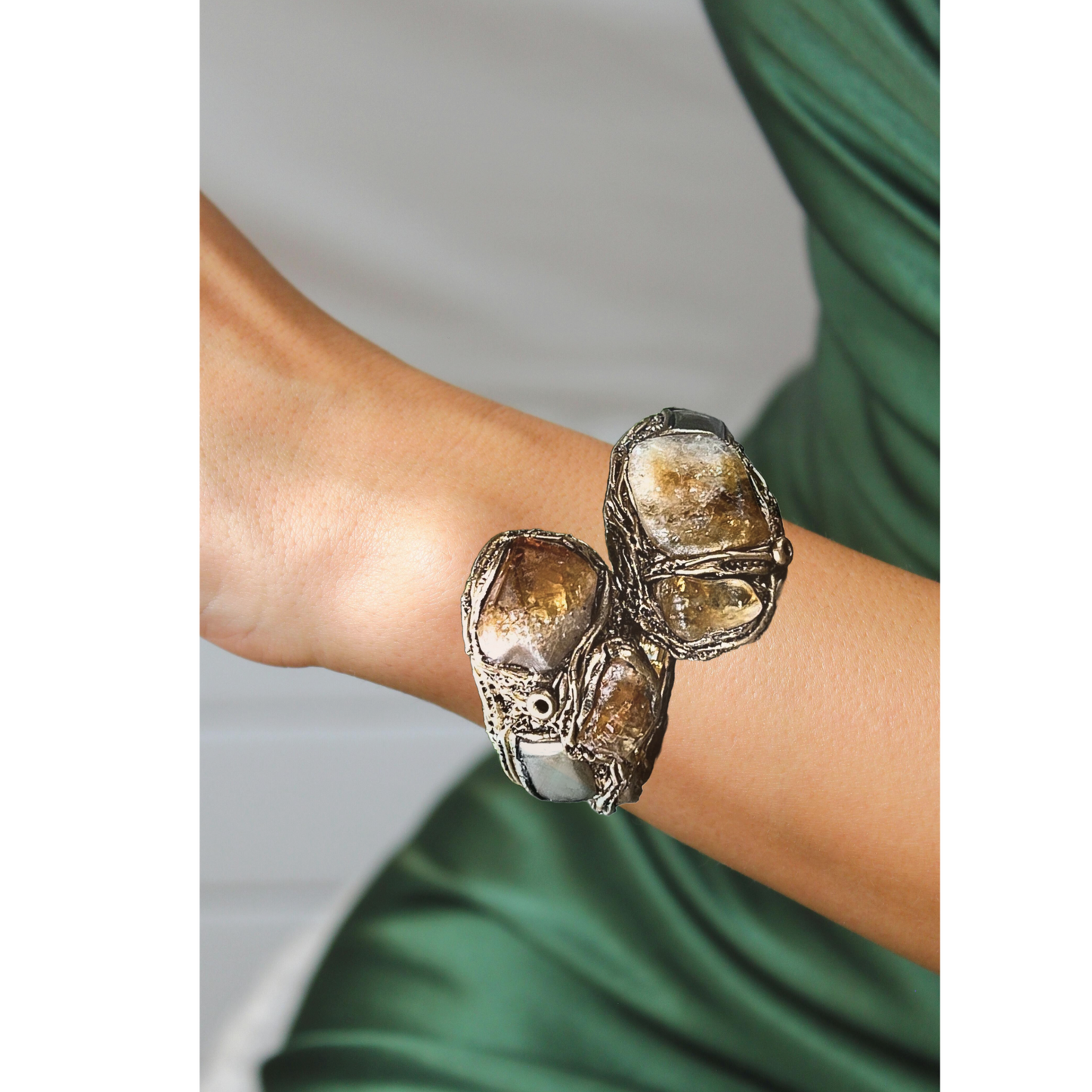 Citrine & Pyrite Protection Bracelet - Statement Hinged Gemstone Cuff