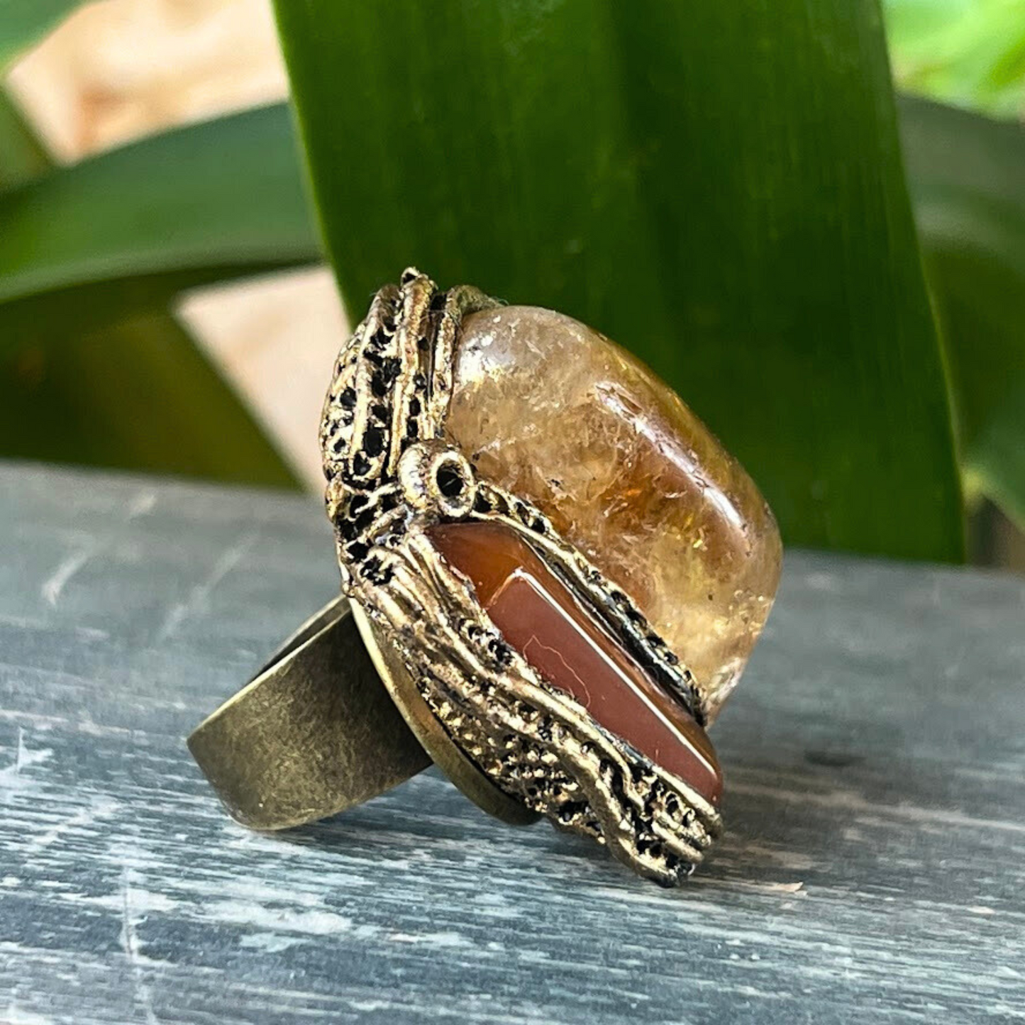 Chunky Citrine & Carnelian Ring, Large Statement Crystal Ring, Bohemian Jewelry Gift for Her