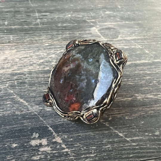 Bloodstone Large Stone Chunky Round Ring, Statement Big Cocktail Ring