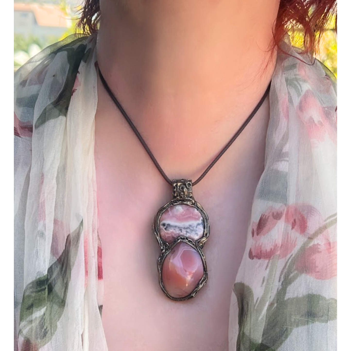 Rhodochrosite & Peach Agate Crystal Necklace - Chunky Pink Pendant, Love Amulet