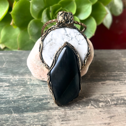 Black White Chunky Pendant with Hawkeye & Howlite - Statement Gemstone Necklace