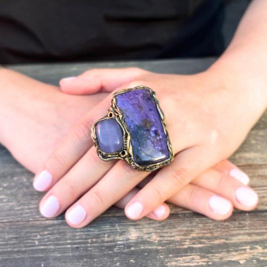 Charoite and Chalcedony Chunky Purple Crystal Ring - An Oversized Cocktail Ring with Huge Stones for Bold Elegance