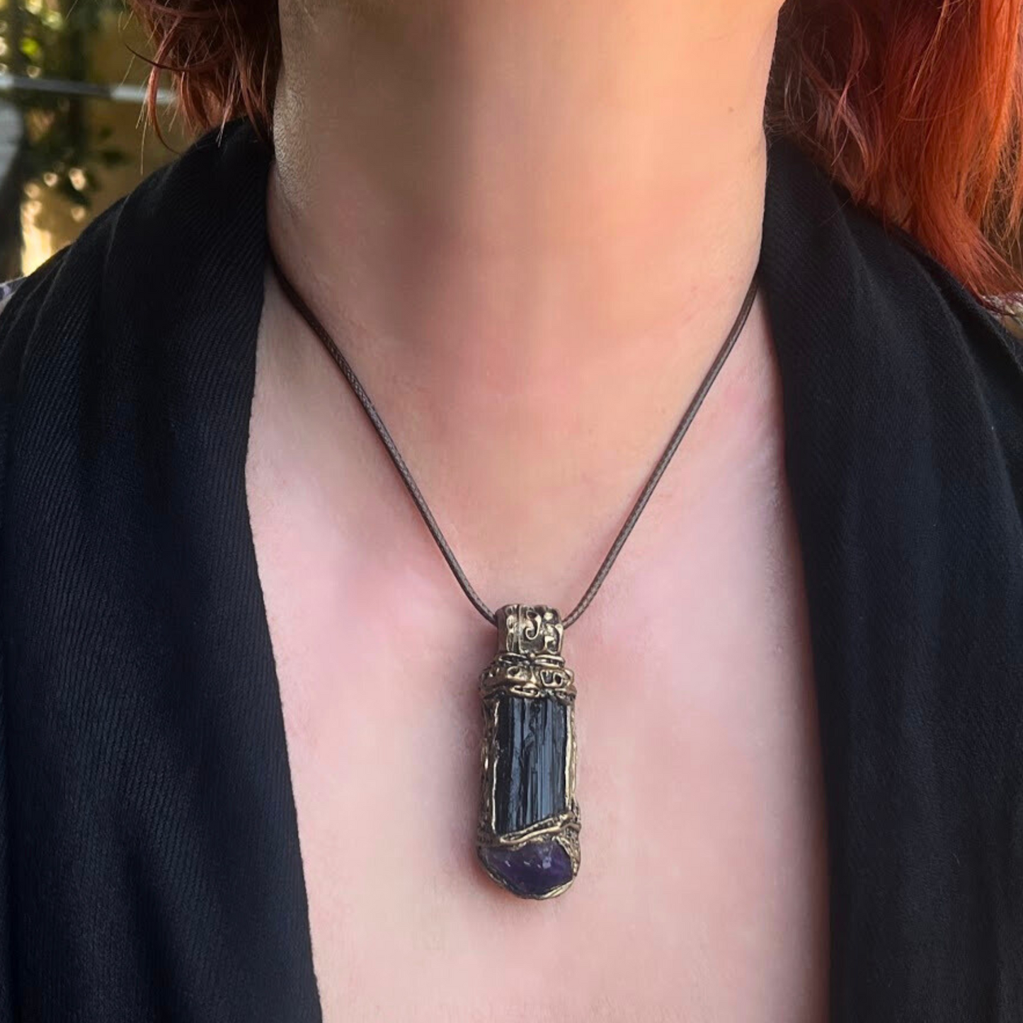 Raw Amethyst and Black Tourmaline Protection Amulet Necklace - Crystal Healing Jewelry