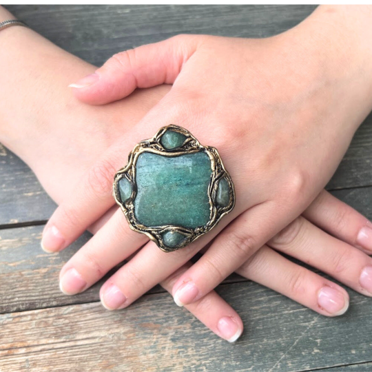Chunky Green Aventurine Large Stone Ring, Big Statement Cocktail Oversized Huge Ring