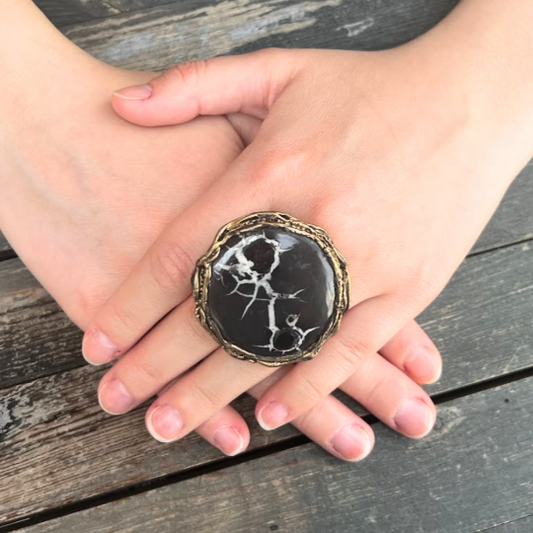 Black Chunky Round Septarian Large Stone Ring, Statement Big Cocktail RIng