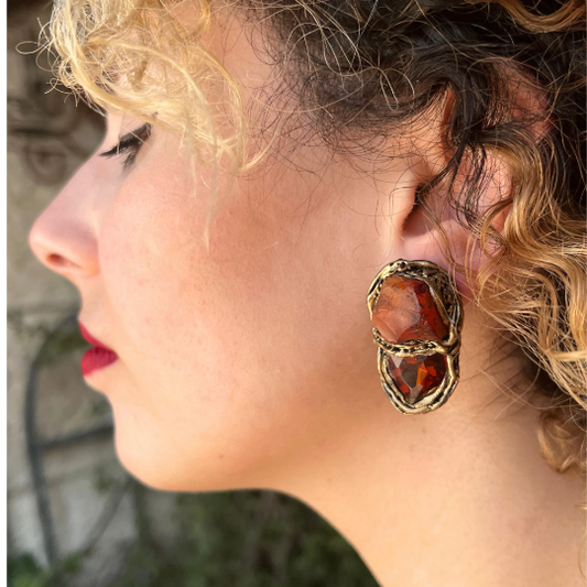 Carnelian Orange Raw Crystal Clip-On Earrings