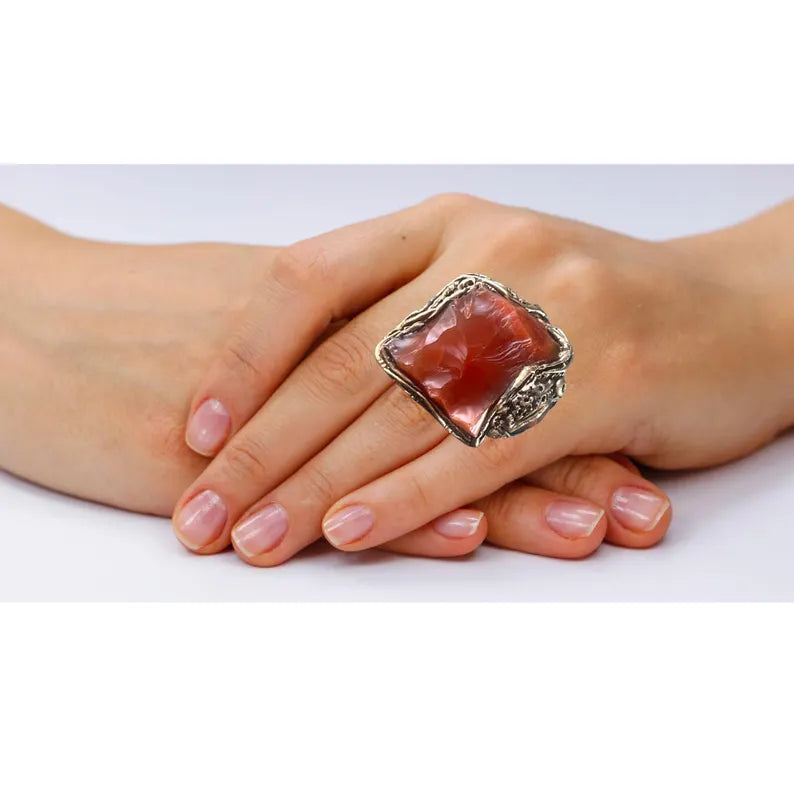 Boho Carnelian Crystal Ring - Chunky Statement Jewelry, Unique Gift for Her