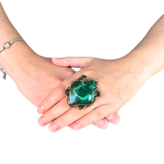 Green Malachite Large Stone Chunky Ring, Bold Statement Cocktail Ring