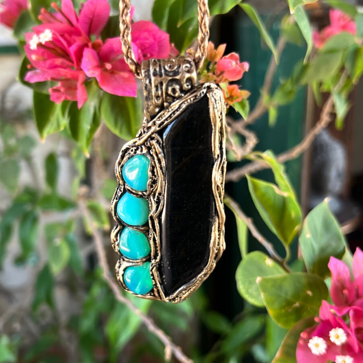 Black & Turquoise Crystal Necklace with Hawkeye Stone, Statement Gemstone Pendant, Unique Gifts for Her