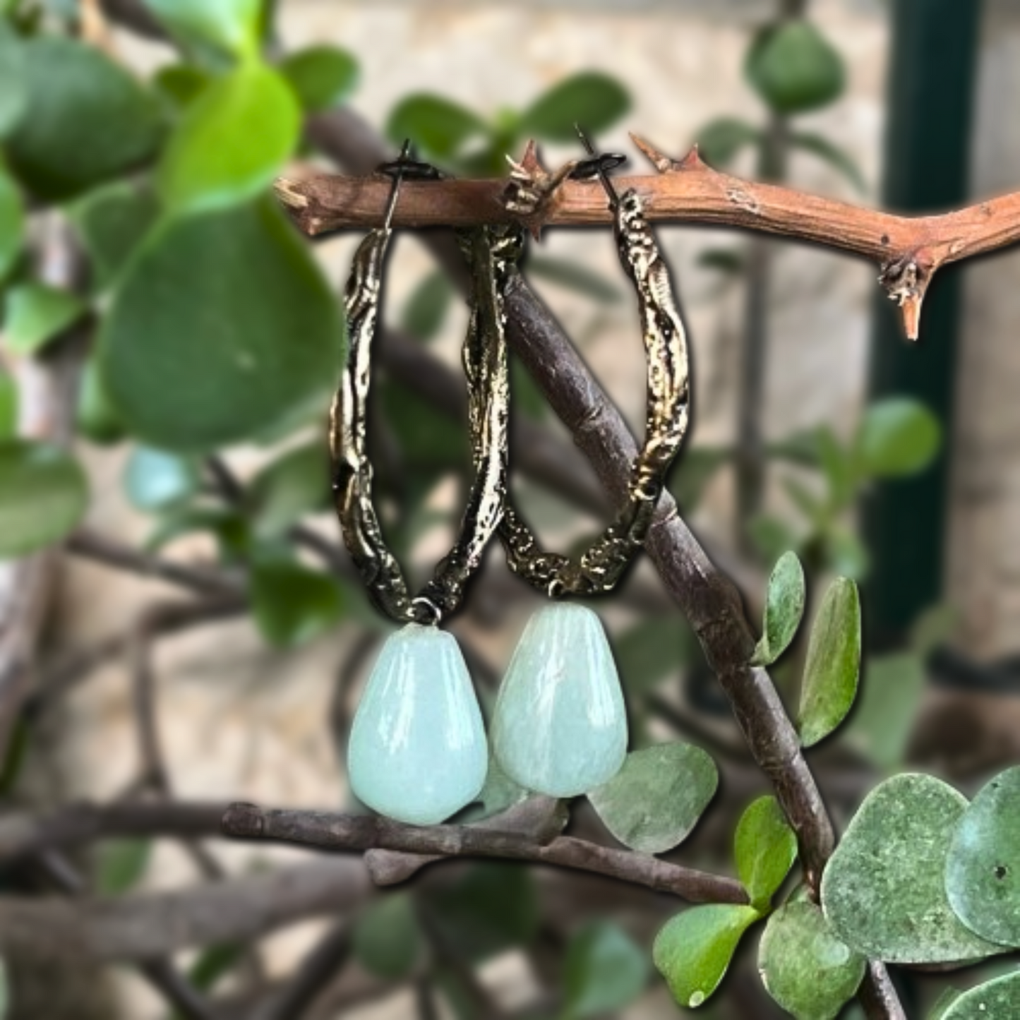 Drop Hoop Earrings with Green Aventurine - Boho Chic Jewelry