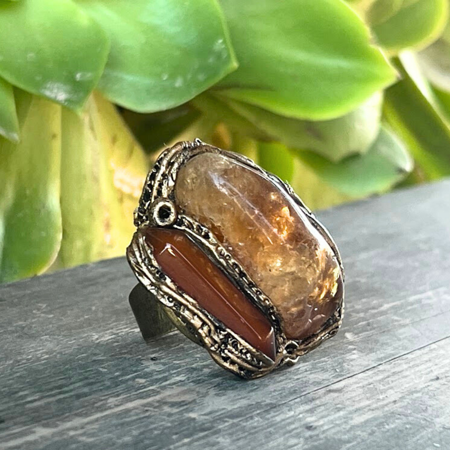 Chunky Citrine & Carnelian Ring, Large Statement Crystal Ring, Bohemian Jewelry Gift for Her