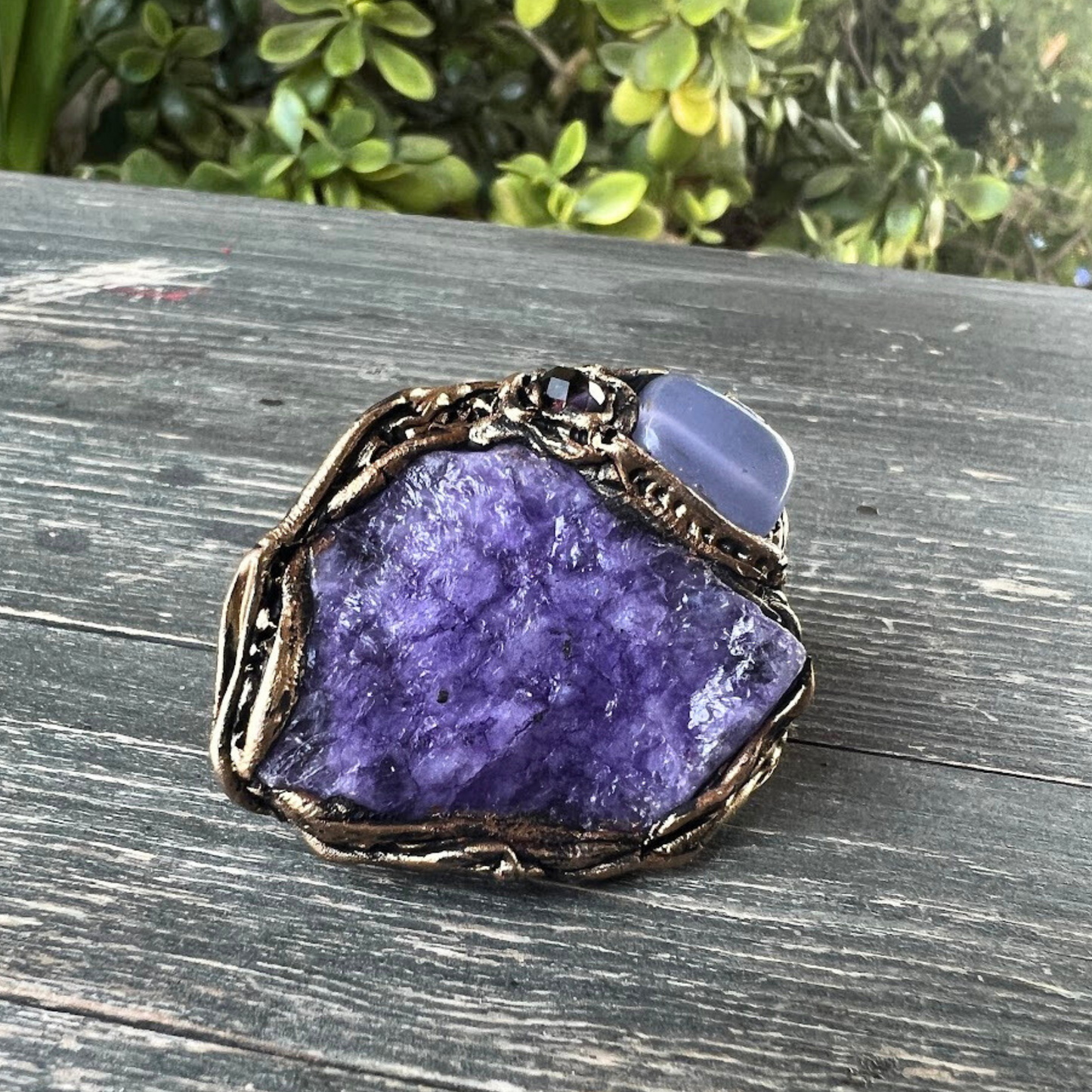 Chunky purple crystal ring with Chalcedony & Quartz