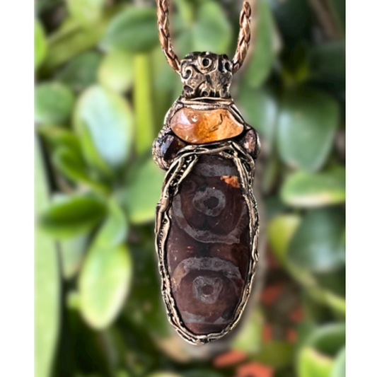 Citrine & Tibetan Agate Lucky Amulet Necklace, Large Stone Pendant for Positive Energy