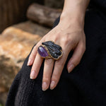 Black Kyanite and Amethyst statement ring with natural black and purple crystals, handcrafted one-of-a-kind chunky cocktail ring.