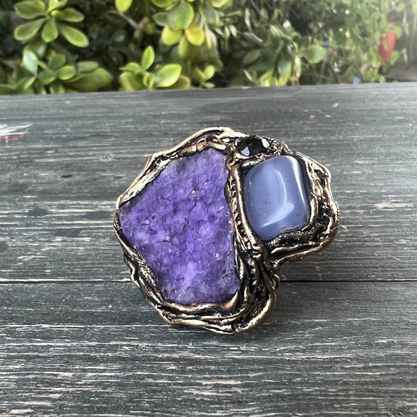 Chunky purple crystal ring with Chalcedony & Quartz