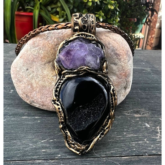Raw Amethyst & Druzy Agate Necklace: Healing Crystal Pendant