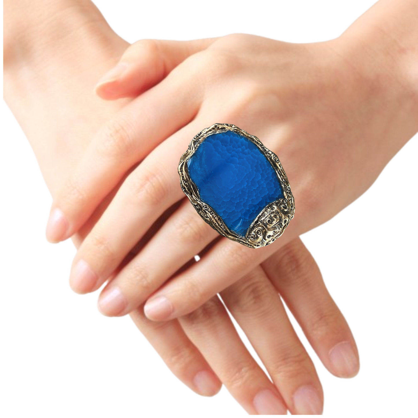 Blue Agate Chunky Cocktail Ring - Bold Gemstone Statement Jewelry