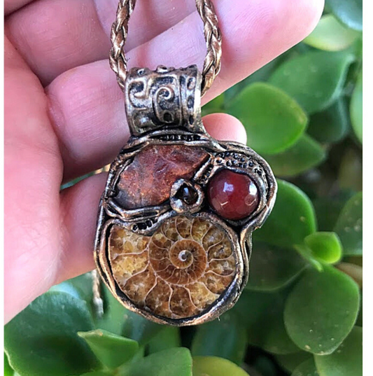 Sunstone, Carnelian and Fossil Ammonite Amulet Necklace, Raw Crystal Lucky Pendant