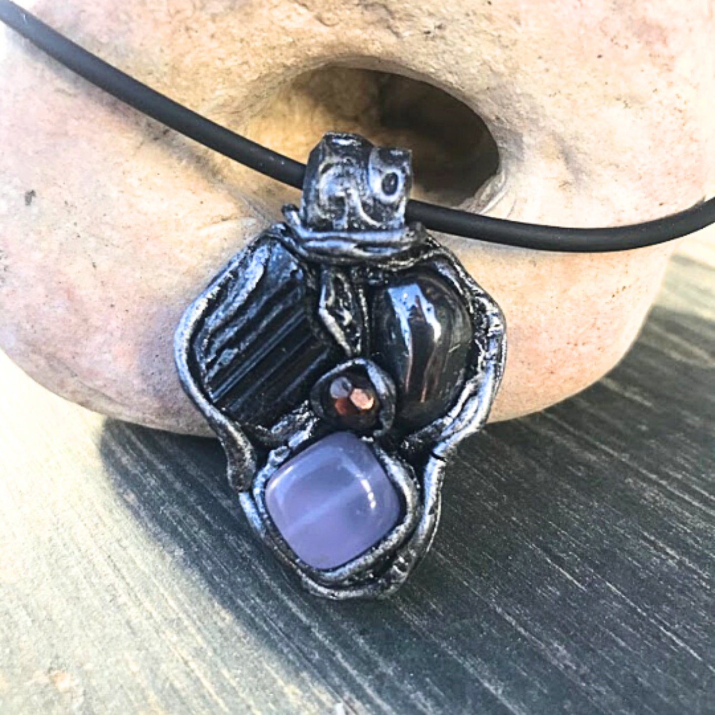 Black Tourmaline, Hematite and Chalcedony protection amulet necklace