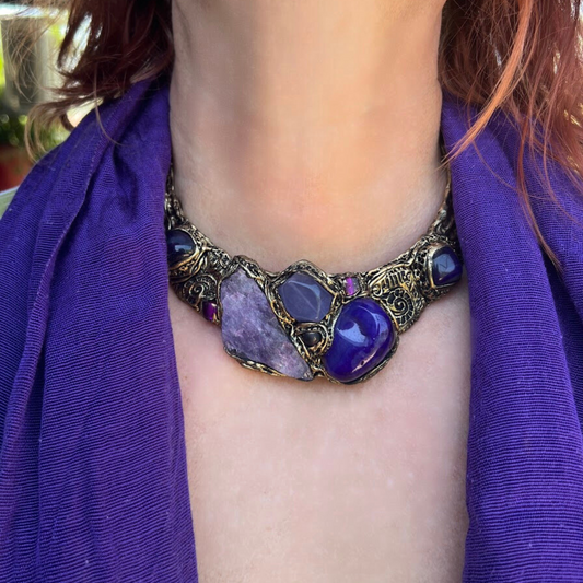 Purple Gemstone Chunky Choker Collar Necklace - A Unique Artistic Necklace Featuring Raw Calcite, Agate, and Chalcedony Stones