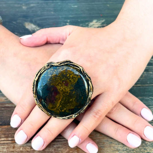 Natural Bloodstone Round Big Stone Chunky Ring, Oversized Statement Large Cocktail Ring