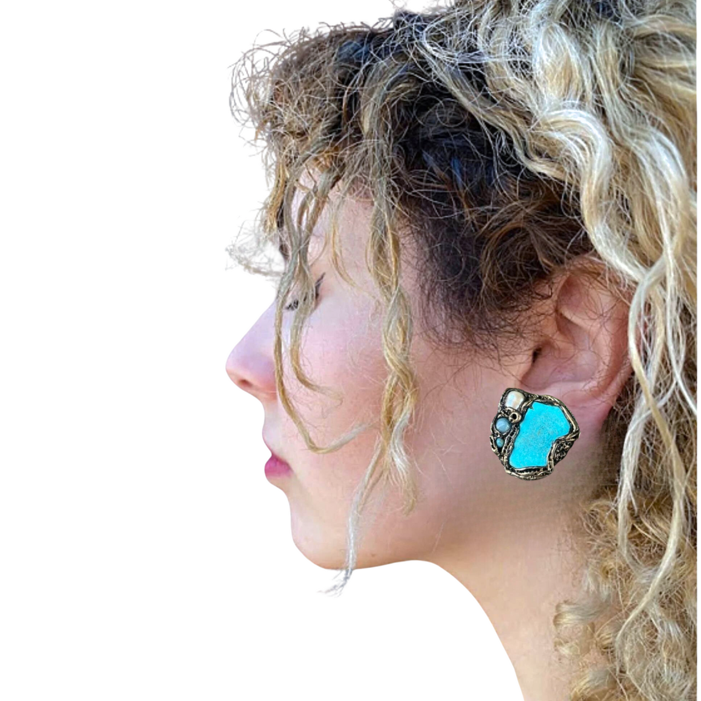 Turquoise Clip on Earrings with Pearls - Bohemian Unique Gift for Her