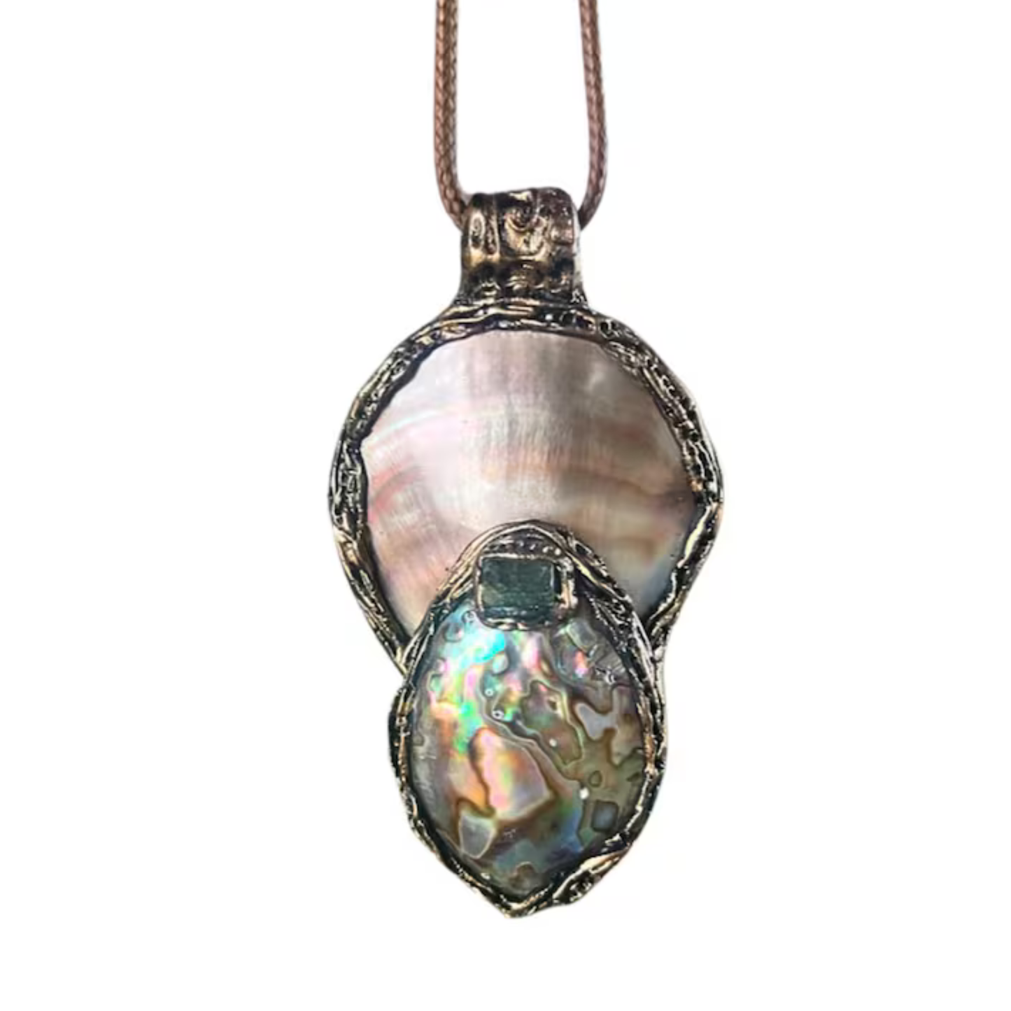 Mother of Pearl Necklace with Abalone and Epidote - Statement Shell Jewelry