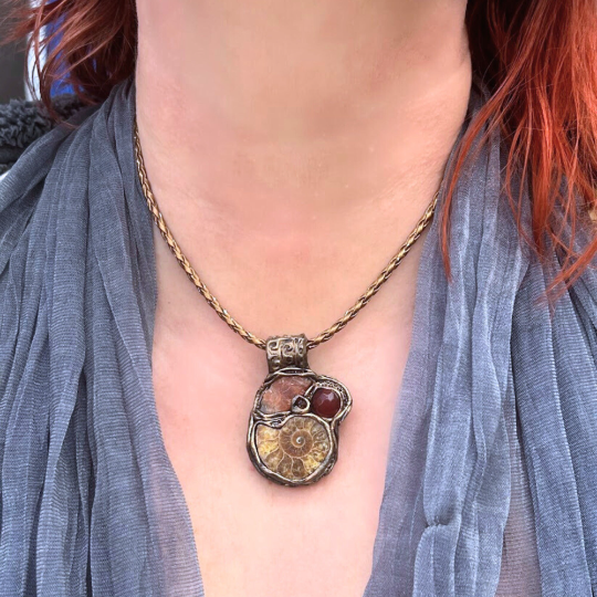 Sunstone, Carnelian and Fossil Ammonite Amulet Necklace, Raw Crystal Lucky Pendant