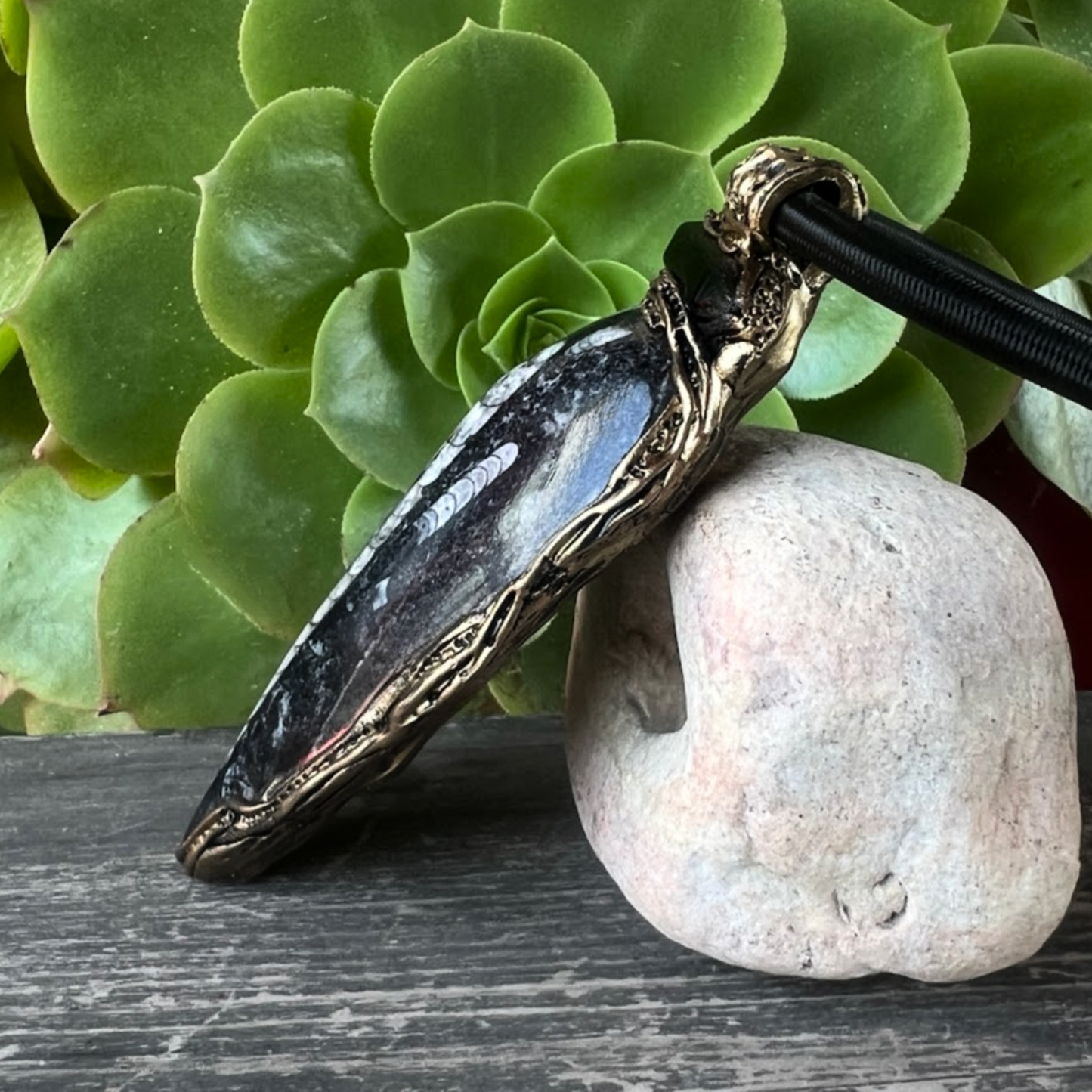Black Onyx Pendant Necklace with Large Fossil - Bold Statement Gemstone Jewelry