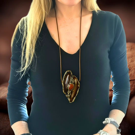 Large Long Agate & Carnelian Pendant Necklace — Chunky Bold Crystal Jewelry