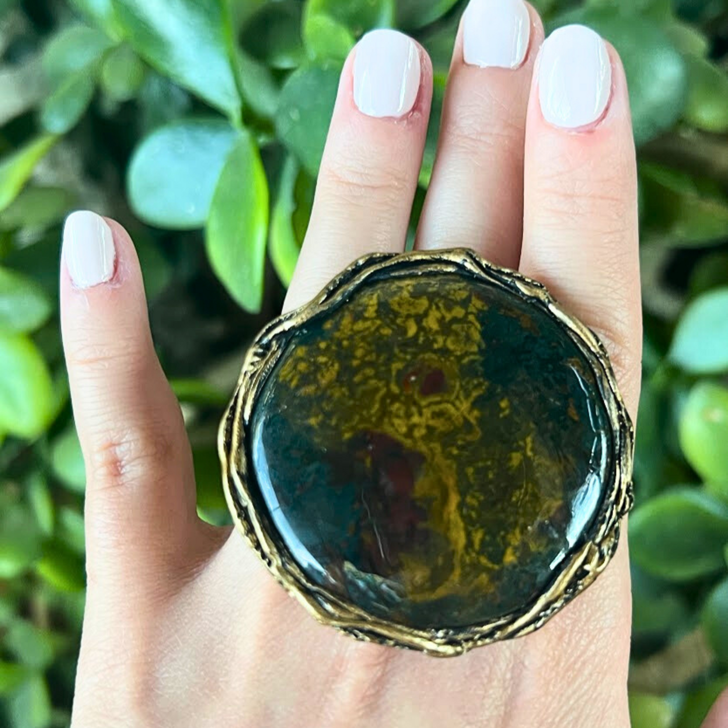 Natural Bloodstone Round Big Stone Chunky Ring, Oversized Statement Large Cocktail Ring