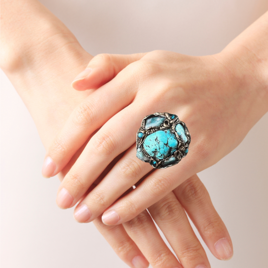 Turquoise Ring with Amazonite , Large Gemstone Cocktail Ring