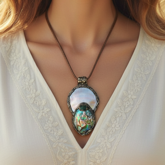 Mother of Pearl Necklace with Abalone and Epidote - Statement Shell Jewelry