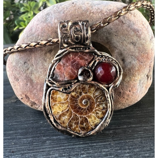 Sunstone, Carnelian and Fossil Ammonite Amulet Necklace, Raw Crystal Lucky Pendant