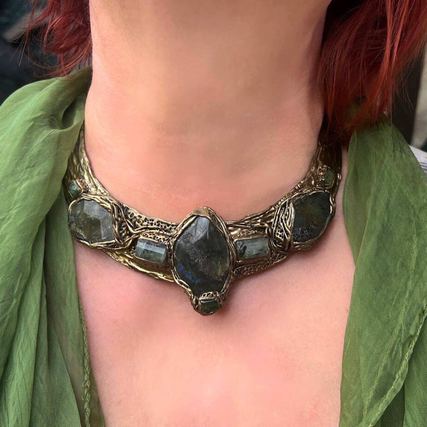 Chunky Labradorite and Prehnite Collar Necklace, Statement Green Stone Choker