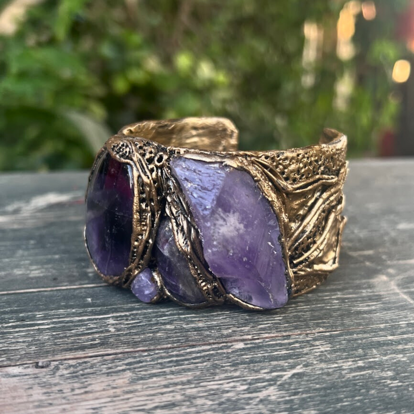 Amethyst Healing Crystal Cuff Bracelet, Boho Purple Raw Stone Bracelet