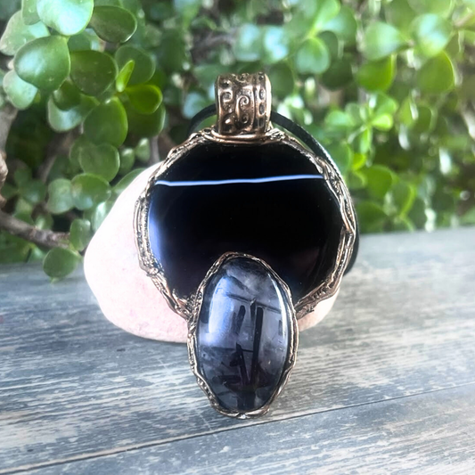 Tourmaline Quartz & Onyx Crystal Amulet - Empath Protection Necklace