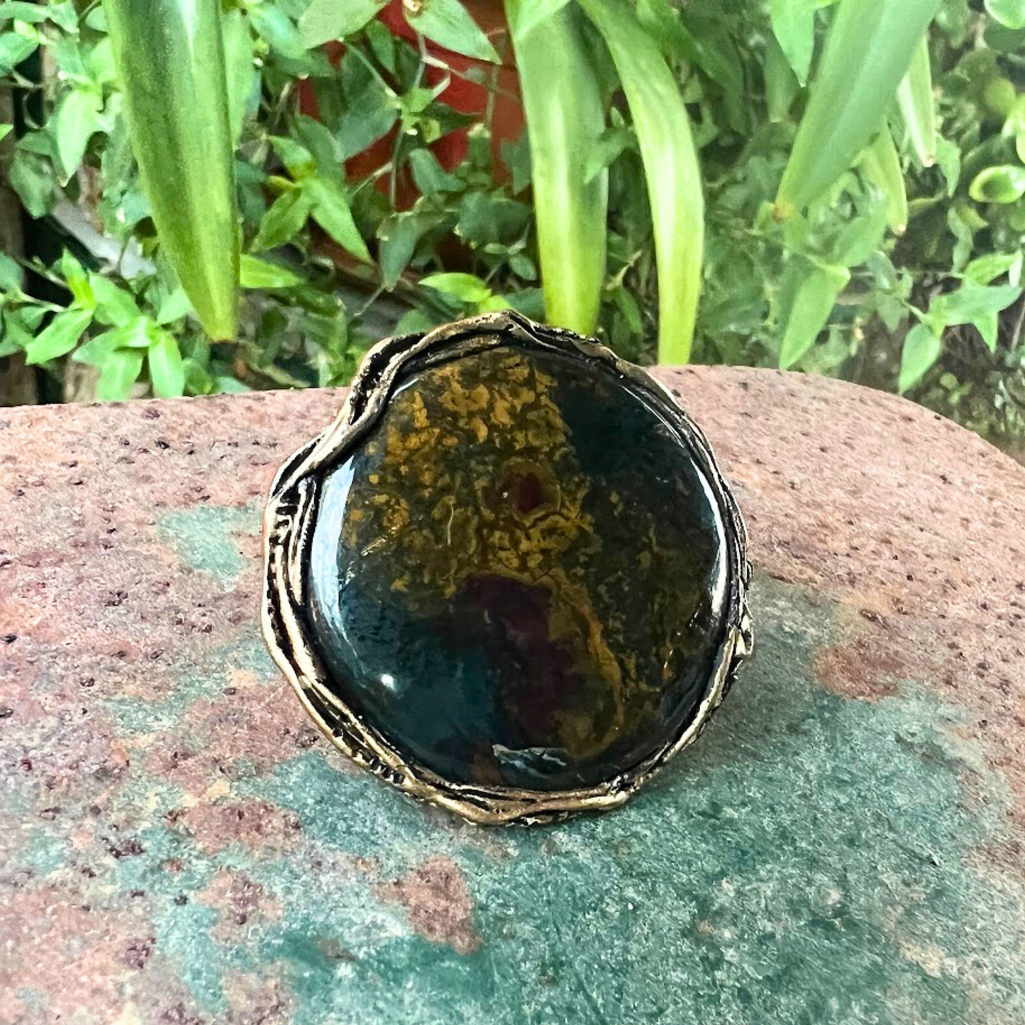 Natural Bloodstone Round Big Stone Chunky Ring, Oversized Statement Large Cocktail Ring