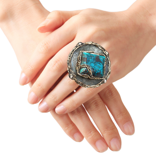 Large Labradorite Round Cocktail Ring with Chrysocolla - Chunky Statement Jewelry