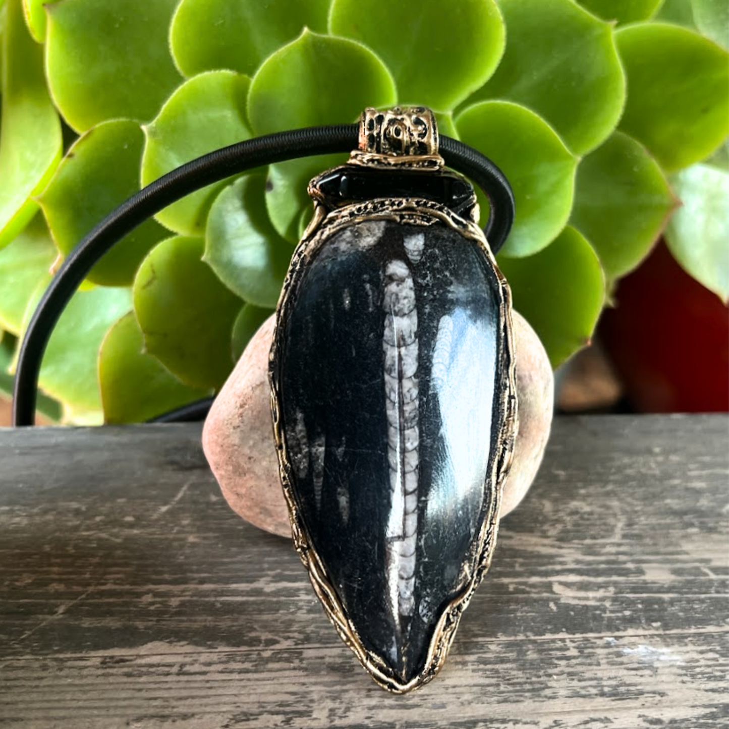 Black Onyx Pendant Necklace with Large Fossil - Bold Statement Gemstone Jewelry