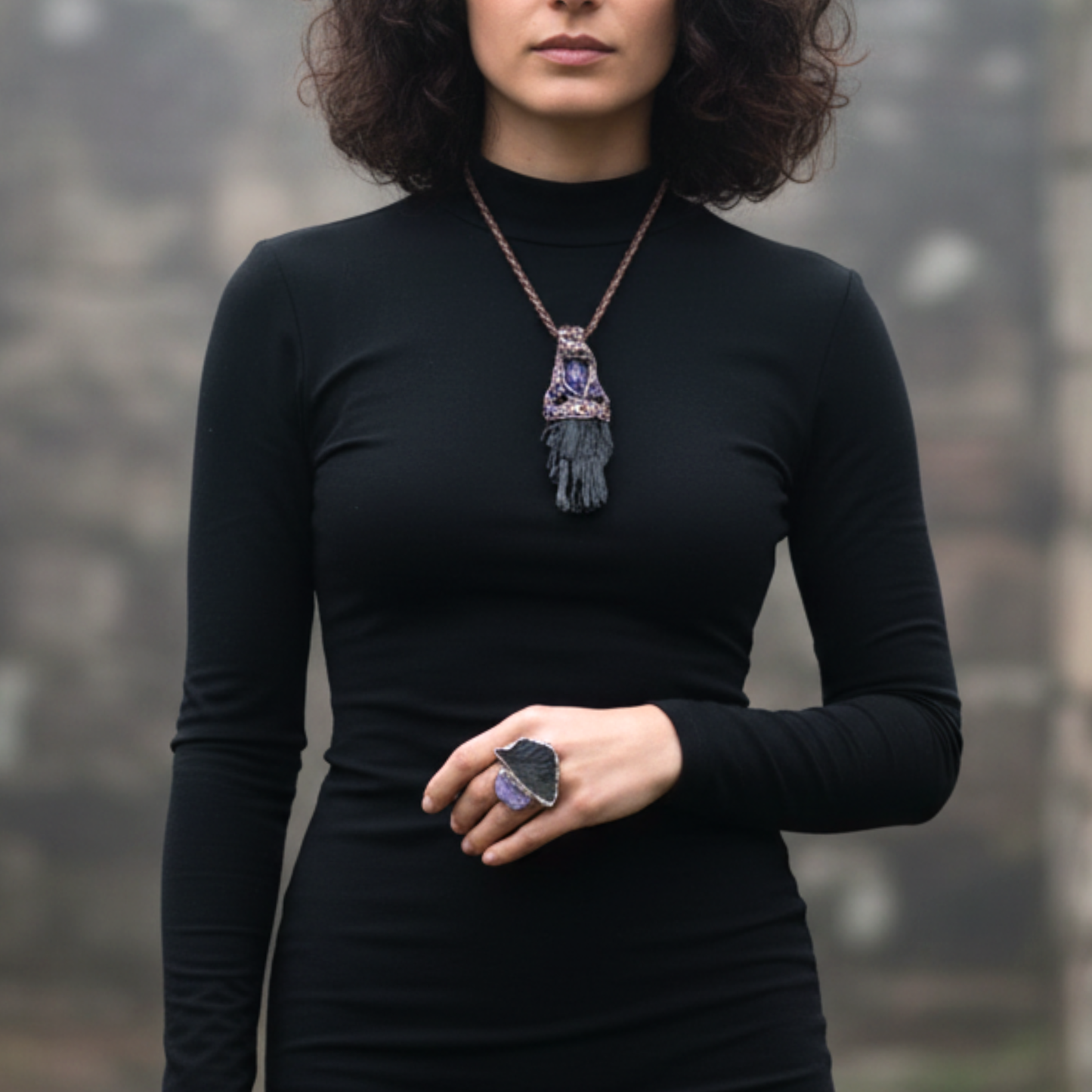 Black Kyanite & Amethyst Empath Protection Necklace, Raw Crystal Amulet