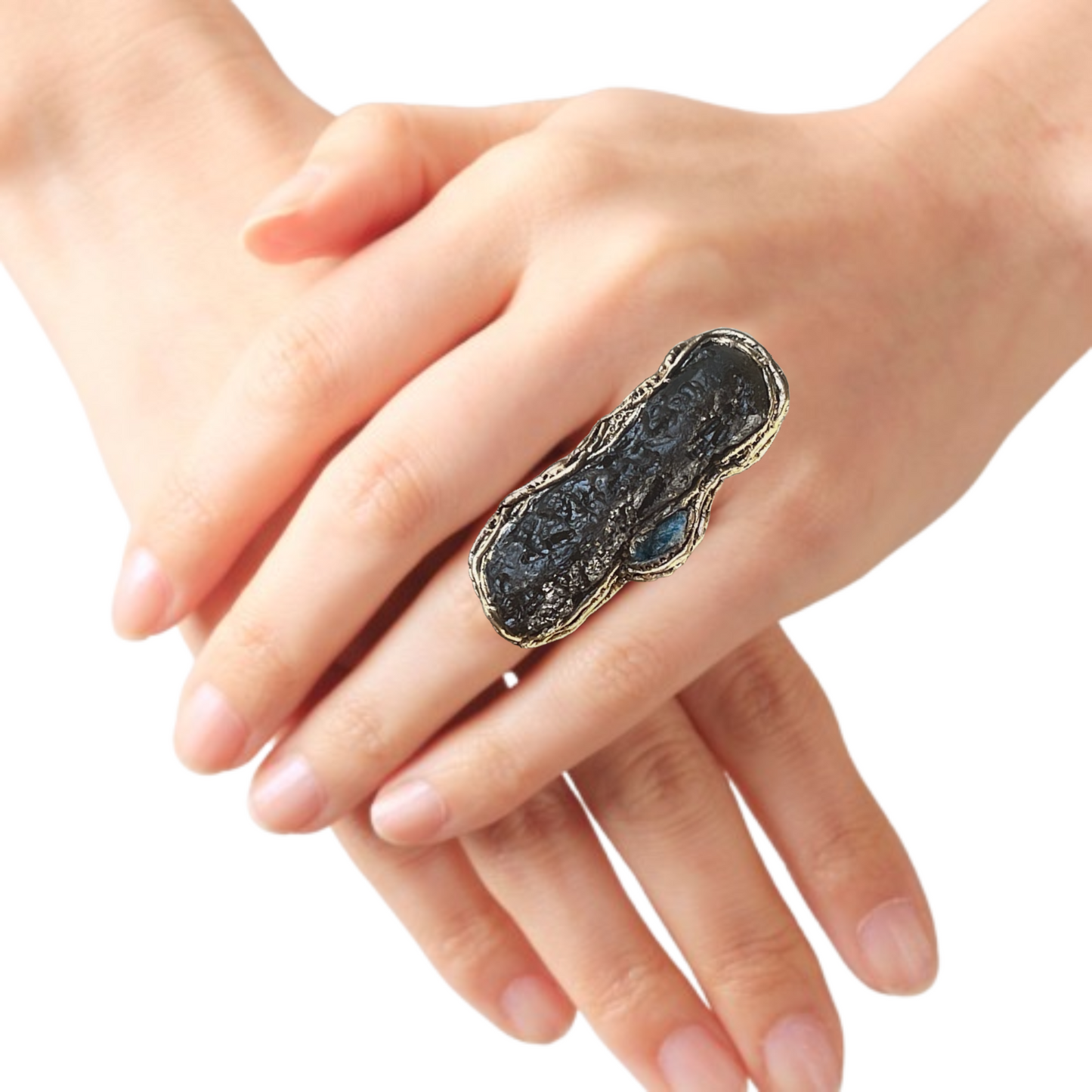 Meteorite Tektite & Apatite Chunky Full Finger Ring, Bohemian Gemstone Jewelry Gift for Her