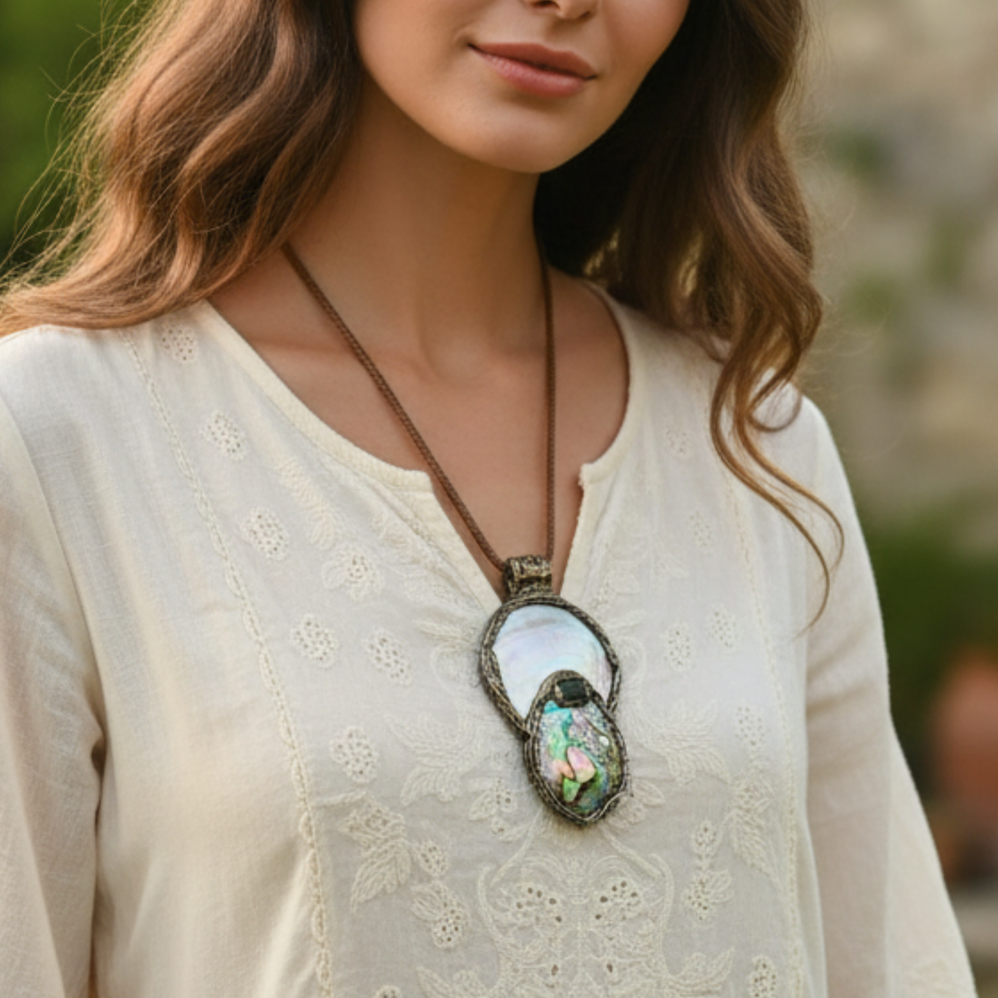 Mother of Pearl Necklace with Abalone and Epidote - Statement Shell Jewelry