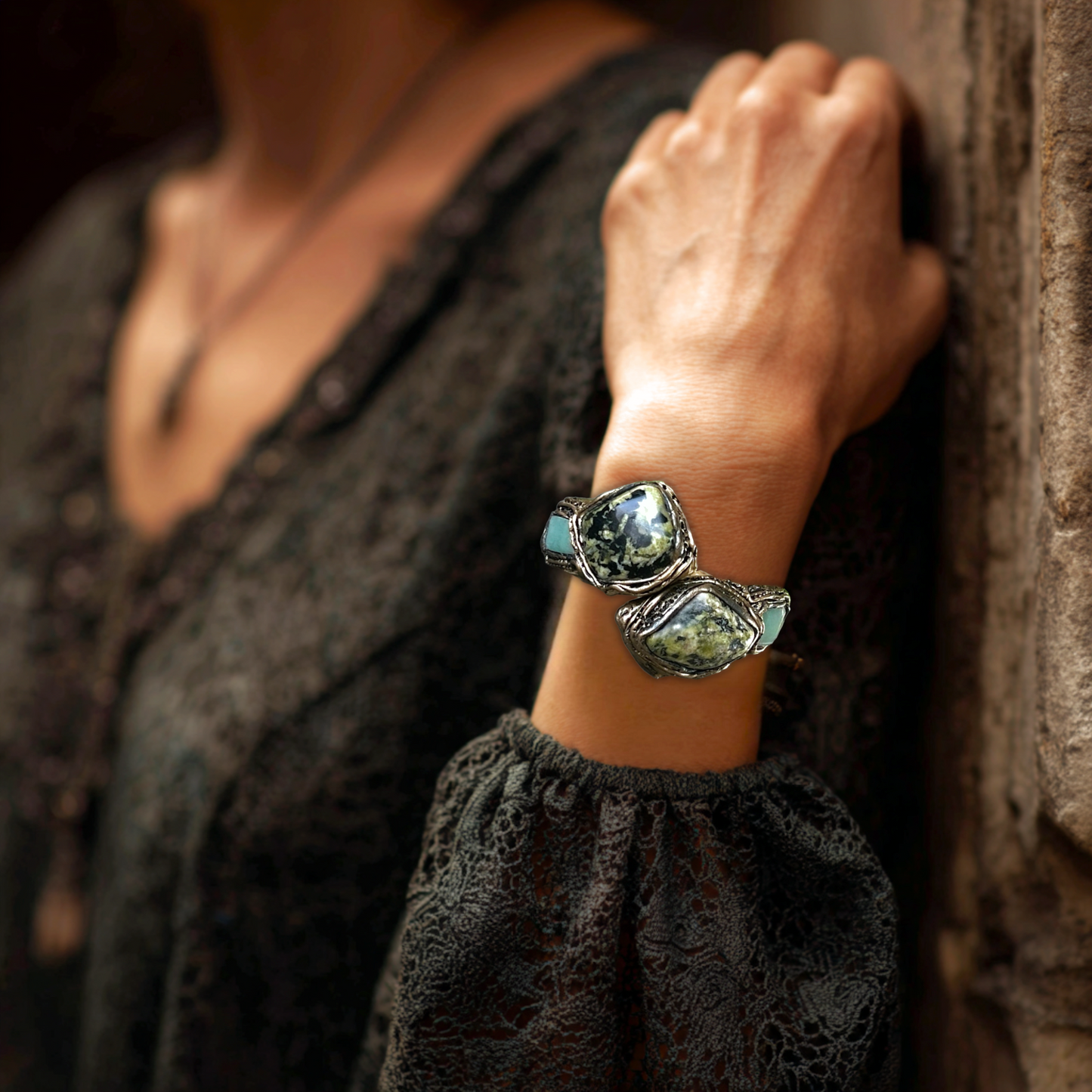 Green Stone Chunky Bracelet with Serpentine and Aventurine - Hinged Cuff