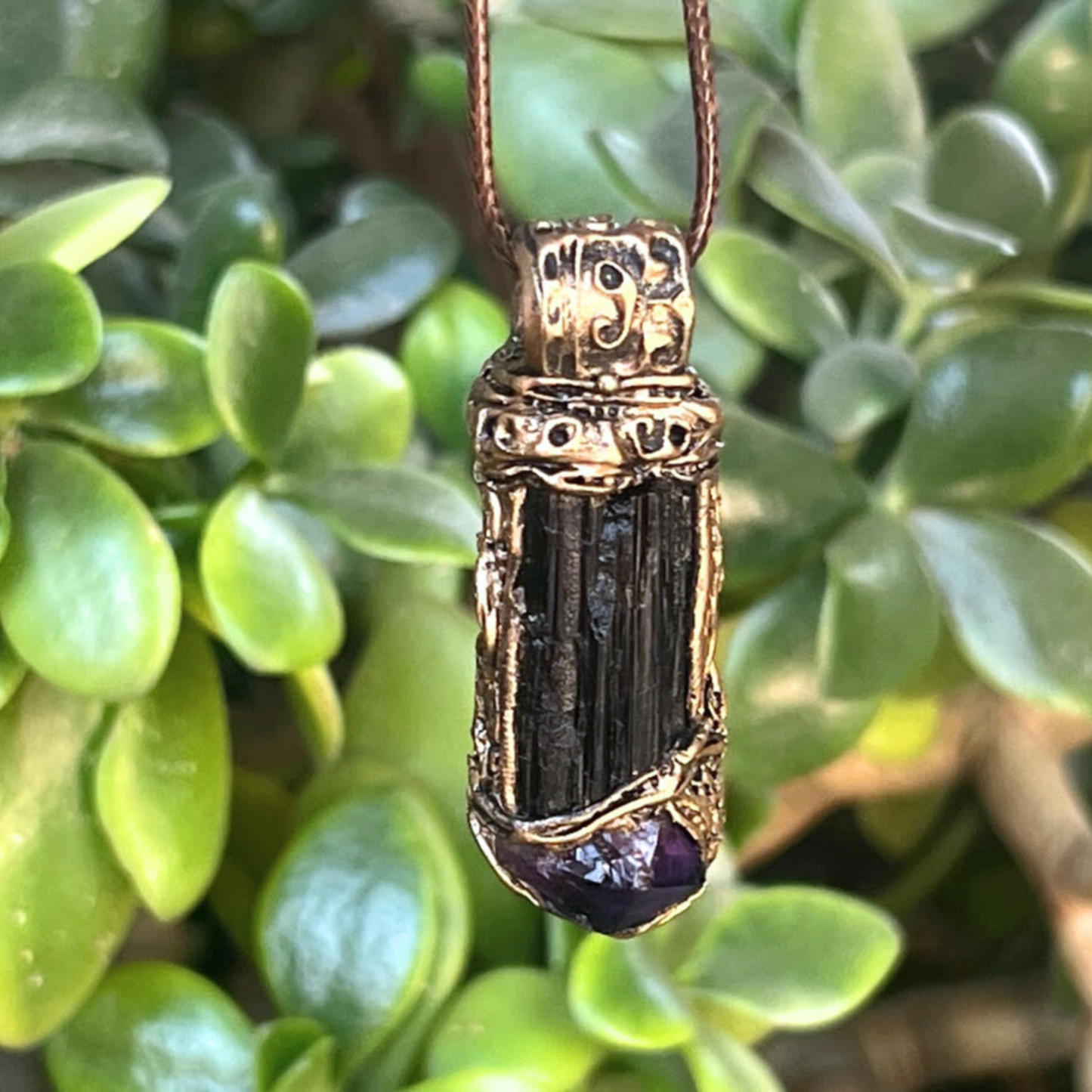 Raw Amethyst and Black Tourmaline Protection Amulet Necklace - Crystal Healing Jewelry