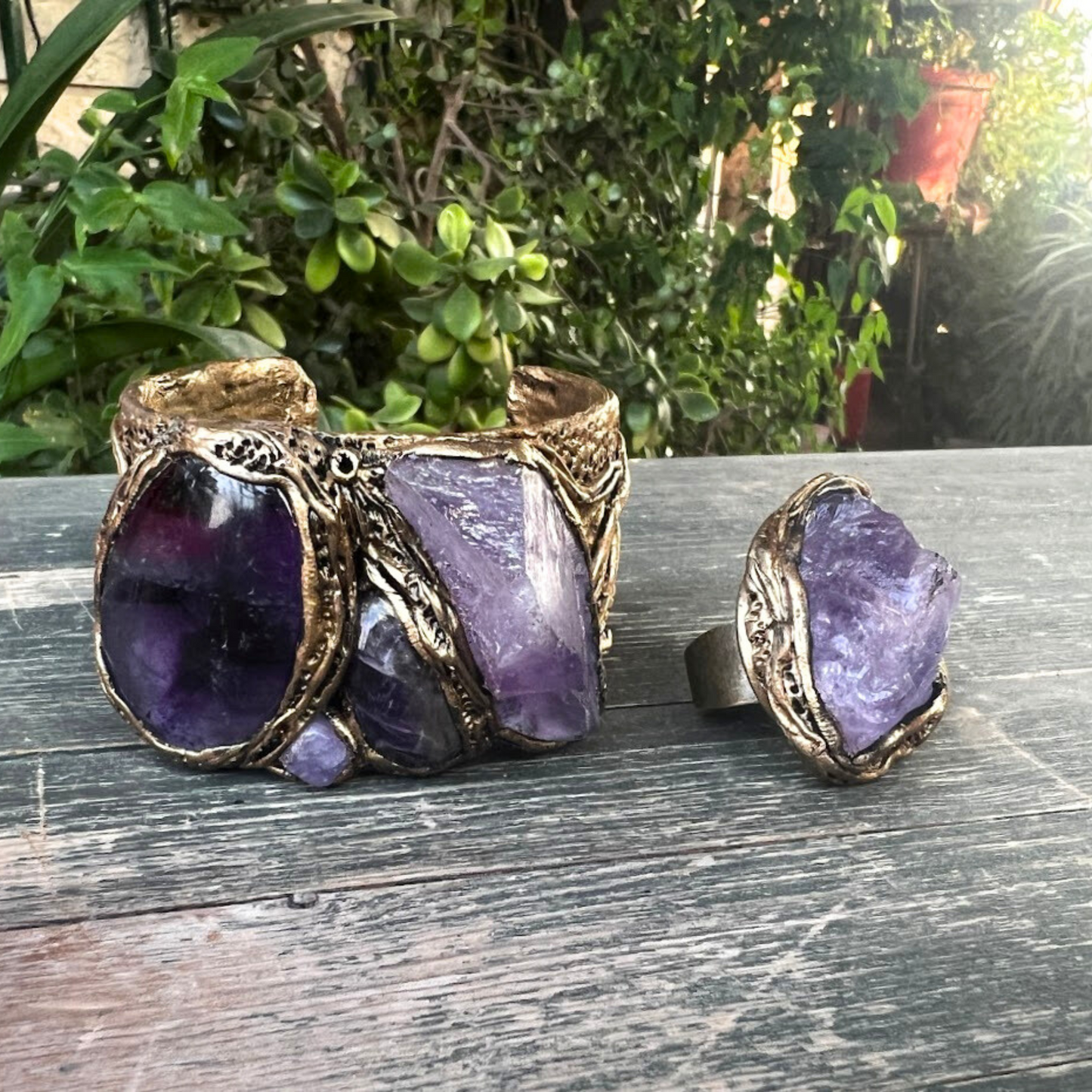 Amethyst Healing Crystal Cuff Bracelet, Boho Purple Raw Stone Bracelet