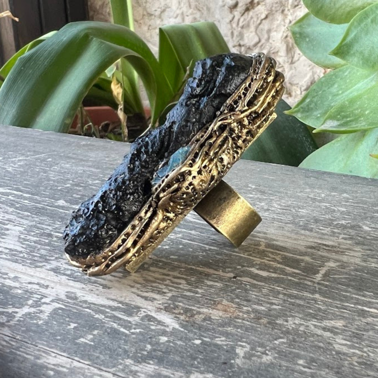 Meteorite Tektite & Apatite Chunky Full Finger Ring, Bohemian Gemstone Jewelry Gift for Her