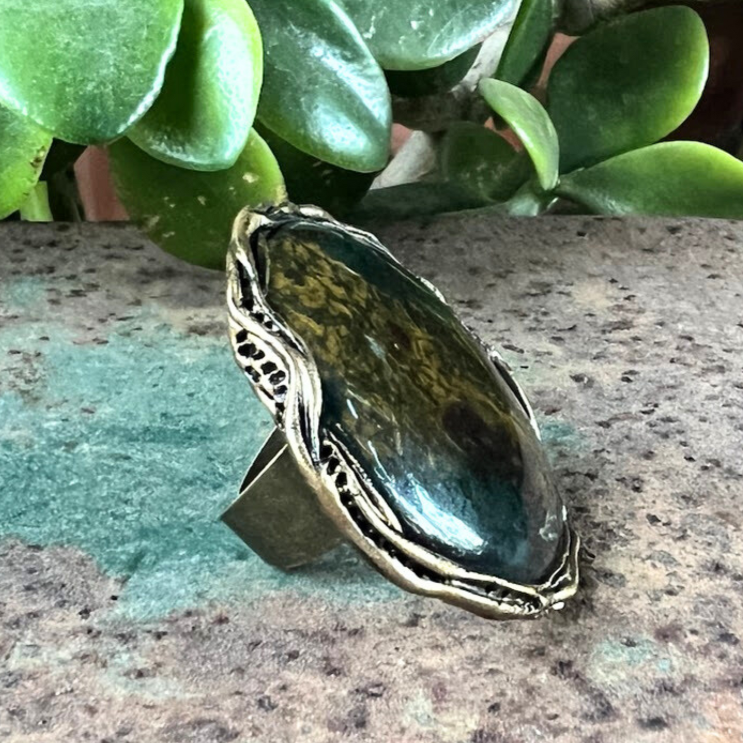 Natural Bloodstone Round Big Stone Chunky Ring, Oversized Statement Large Cocktail Ring