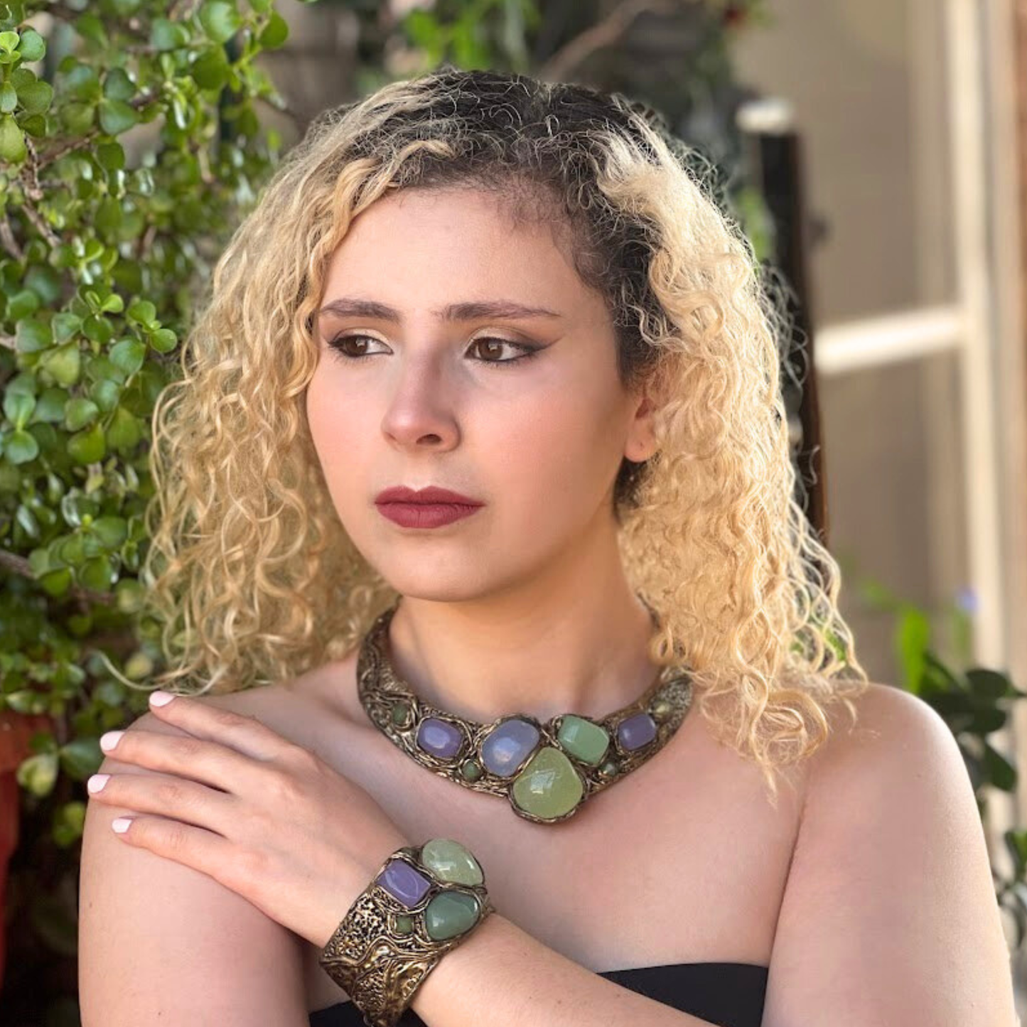 Crystal Choker Chunky Necklace with Chalcedony, Green Onyx, Chrysoprase - Statement Gemstone Jewelry